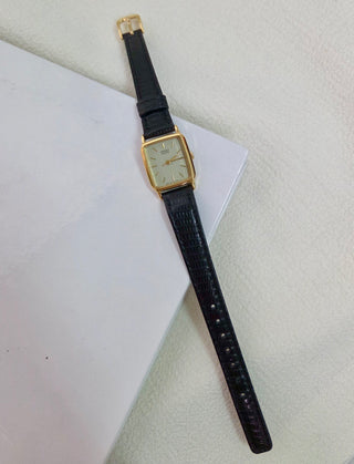 Seiko Quartz Gold-tone Rectangular Black Leather Strap Watch