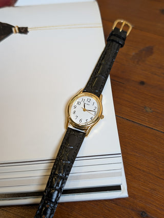 Alba Quartz Gold Oval Black Leather Strap Watch